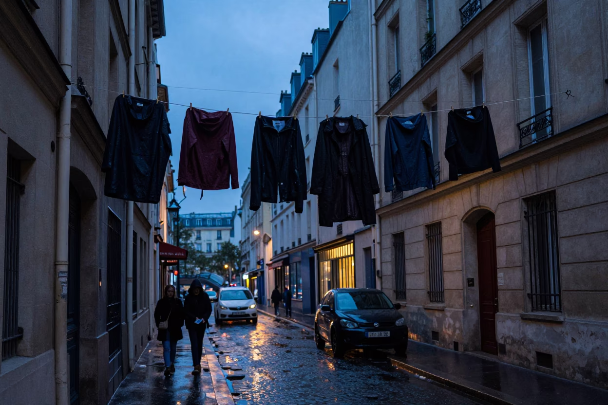 Blue Hour Paris Street Scene with Hanging Raincoats and Urban Life in in Paris, France