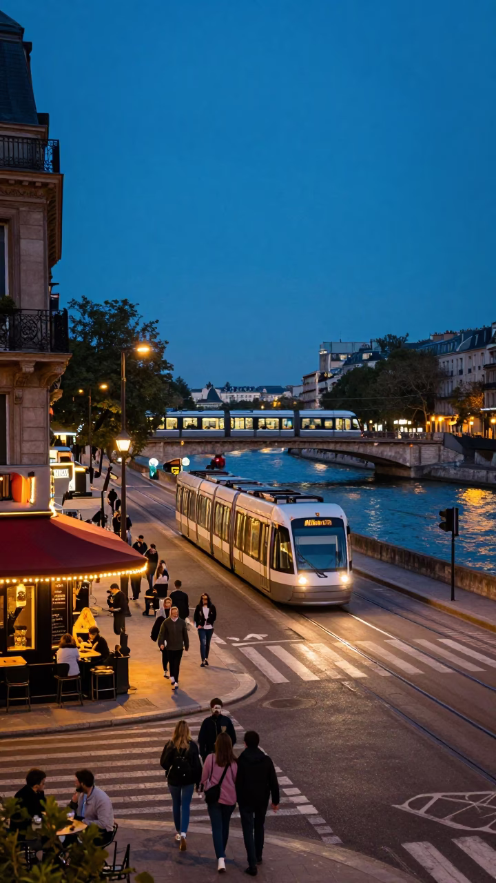 Blue Hour Paris Street Scene with Monorail and Local Cafe Culture in in Paris, France
