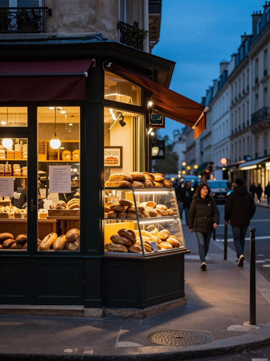Blue Hour Paris Street Scene with Vintage Bakery Display and Local Pedestrians in in Paris, France