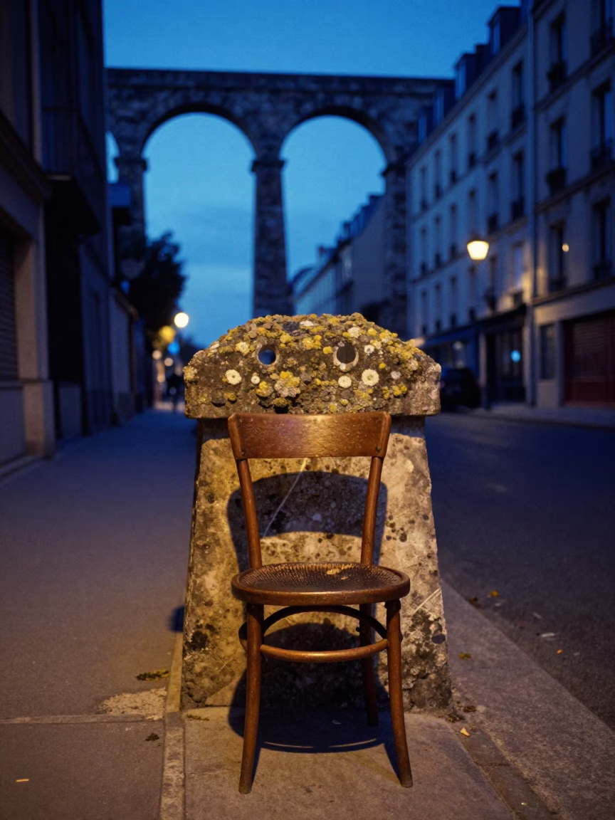 Blue Hour Paris Street Scene with Vintage Chair and Lichen Parapet in in Paris, France