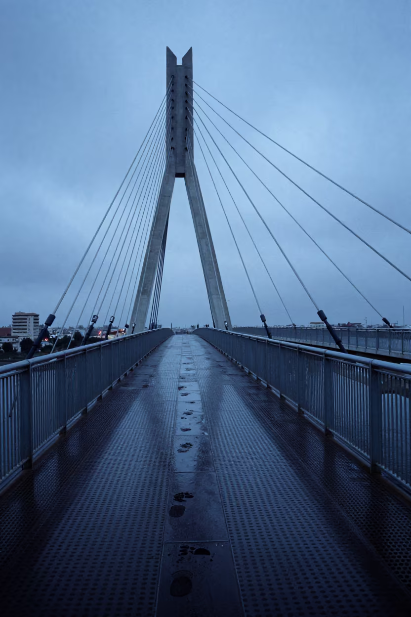 Blue Hour Pedestrian Overpass Near Benghazi in under a cable-stayed bridge span near Benghazi