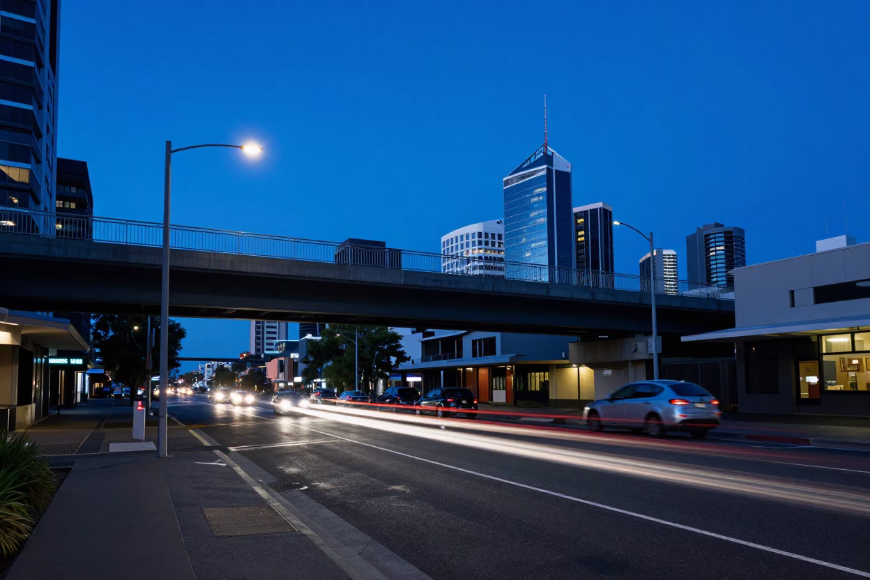 Blue Hour Perth Western Australia Street Scene with Overpass and Taillight Streaks in in Perth, Western Australia, Australia
