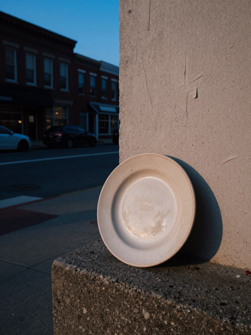 Blue Hour Philadelphia Street Scene with Ceramic Plate and Scratched Plaster Wall in in Philadelphia, Pennsylvania, United States