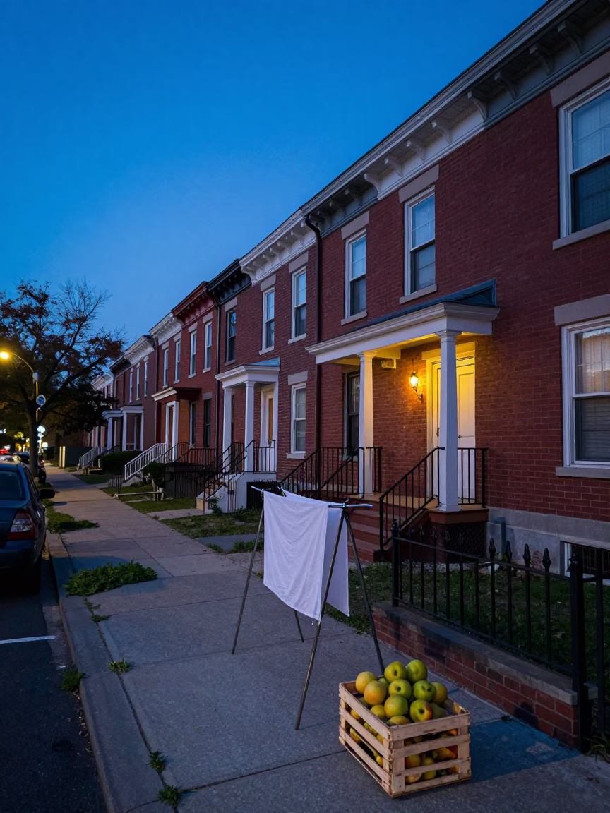 Blue Hour Philadelphia Street Scene with Drying Rack and Fruit Crate in in Philadelphia, Pennsylvania, United States
