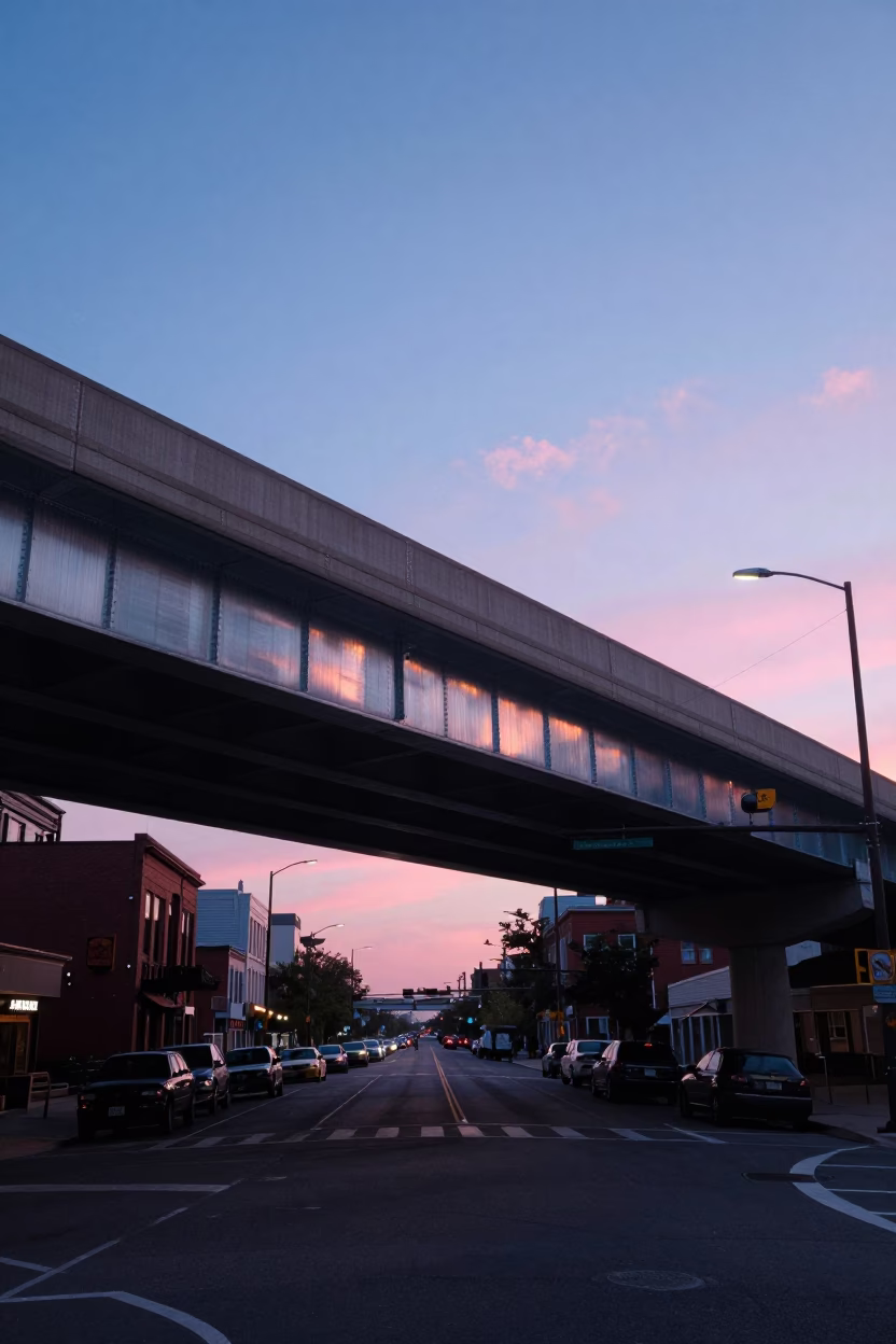 Blue Hour Philadelphia Street Scene with Highway Flyover and Brushed Steel Doorframe in in Philadelphia, Pennsylvania, United States