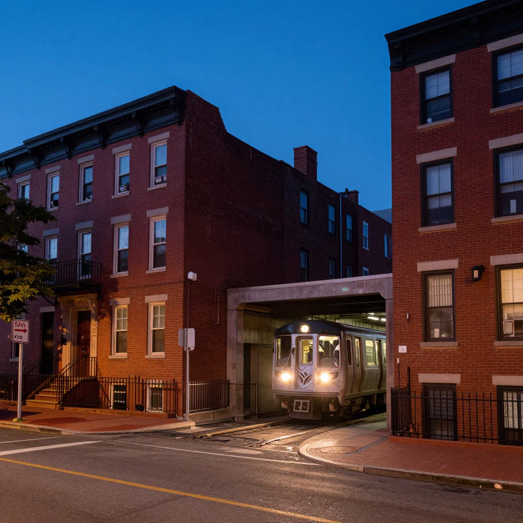 Blue Hour Philadelphia Street Scene with Metro Train and Brick Architecture in in Philadelphia, Pennsylvania, United States