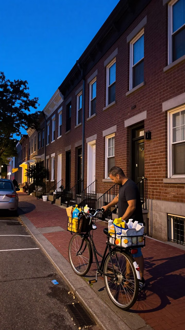 Blue Hour Philadelphia Street Scene with Vintage Bicycle and Urban Architecture in in Philadelphia, Pennsylvania, United States