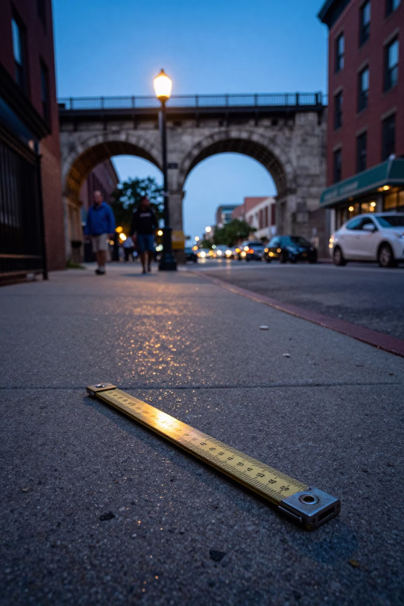 Blue Hour Philadelphia Street Scene with Vintage Folding Ruler and Urban Details in in Philadelphia, Pennsylvania, United States