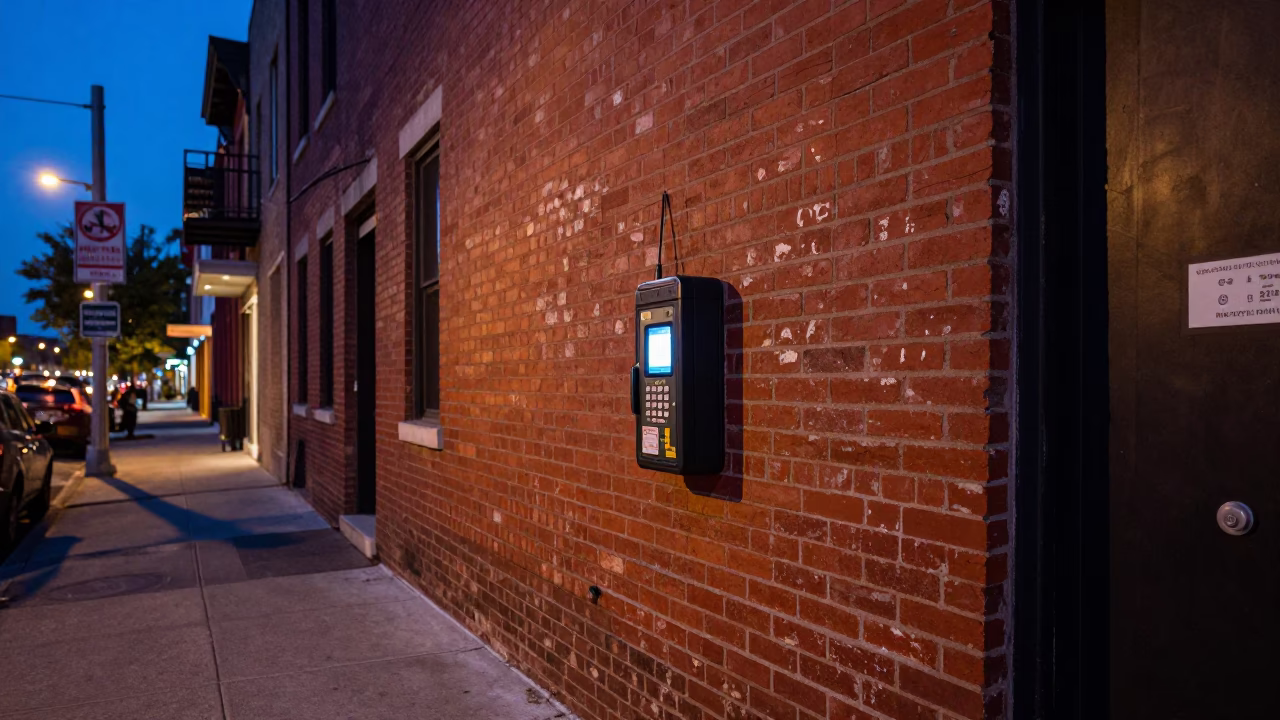 Blue Hour Philadelphia Street Scene with Vintage Phone and Urban Details in in Philadelphia, Pennsylvania, United States
