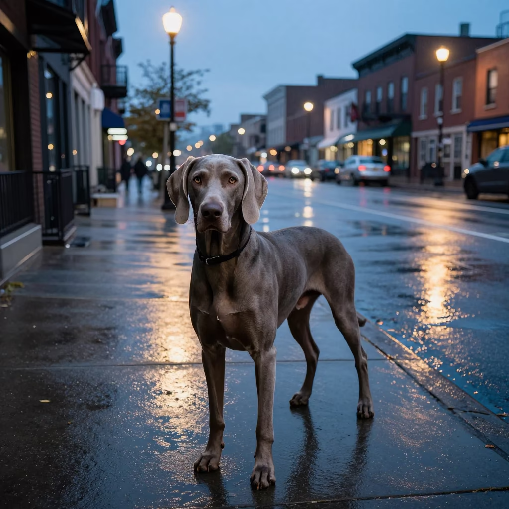 Blue Hour Philadelphia Street Scene with Weimaraner and Wet Asphalt in in Philadelphia, Pennsylvania, United States