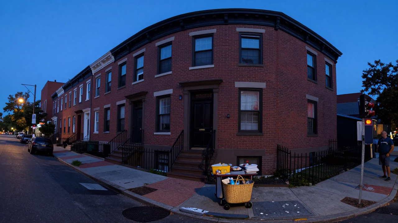 Blue Hour Philadelphia Street Scene With Woven Basket and Urban Details in in Philadelphia, Pennsylvania, United States