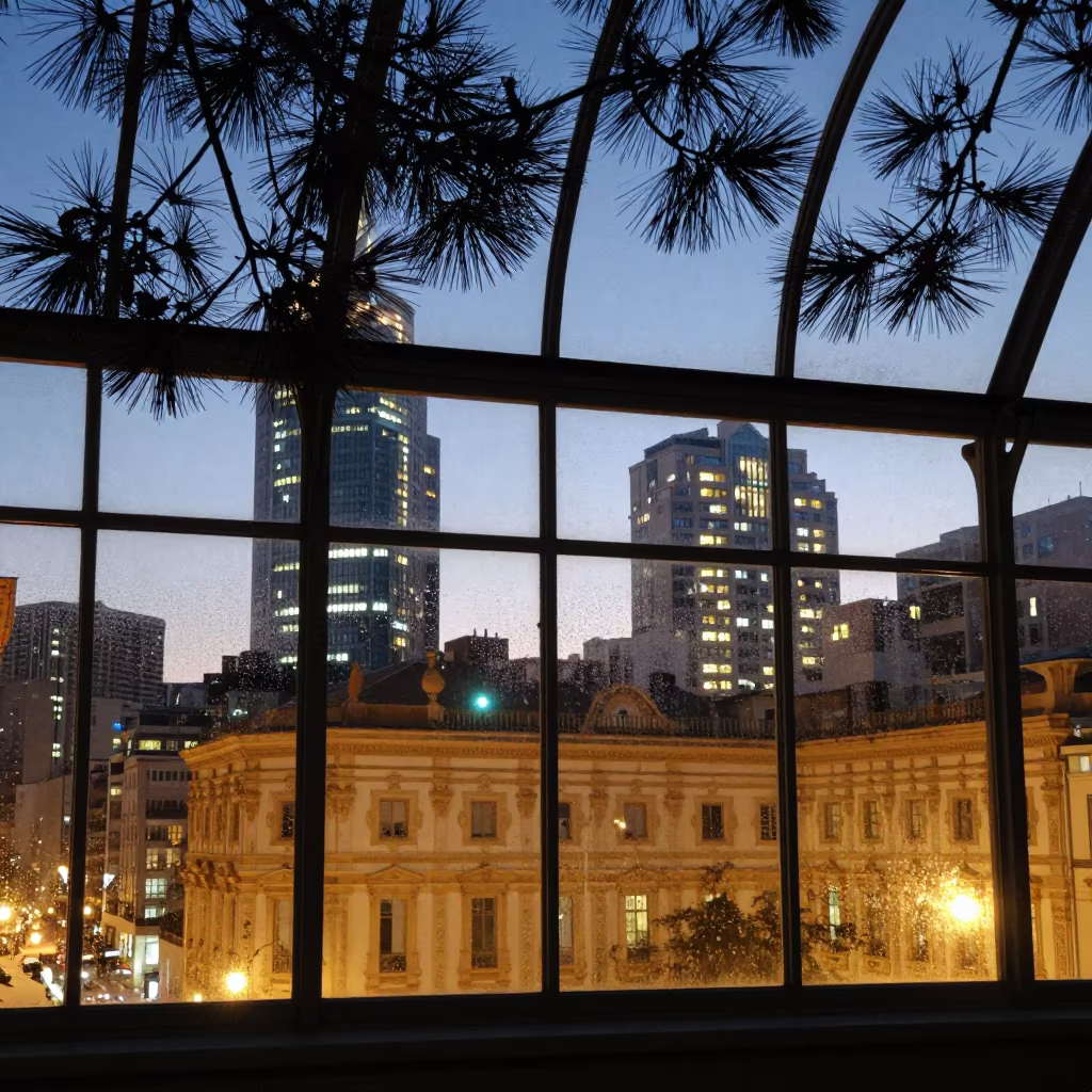 Blue Hour Pine Branches City Towers Glass Arcade in inside a glass-roofed arcade in Russeifa