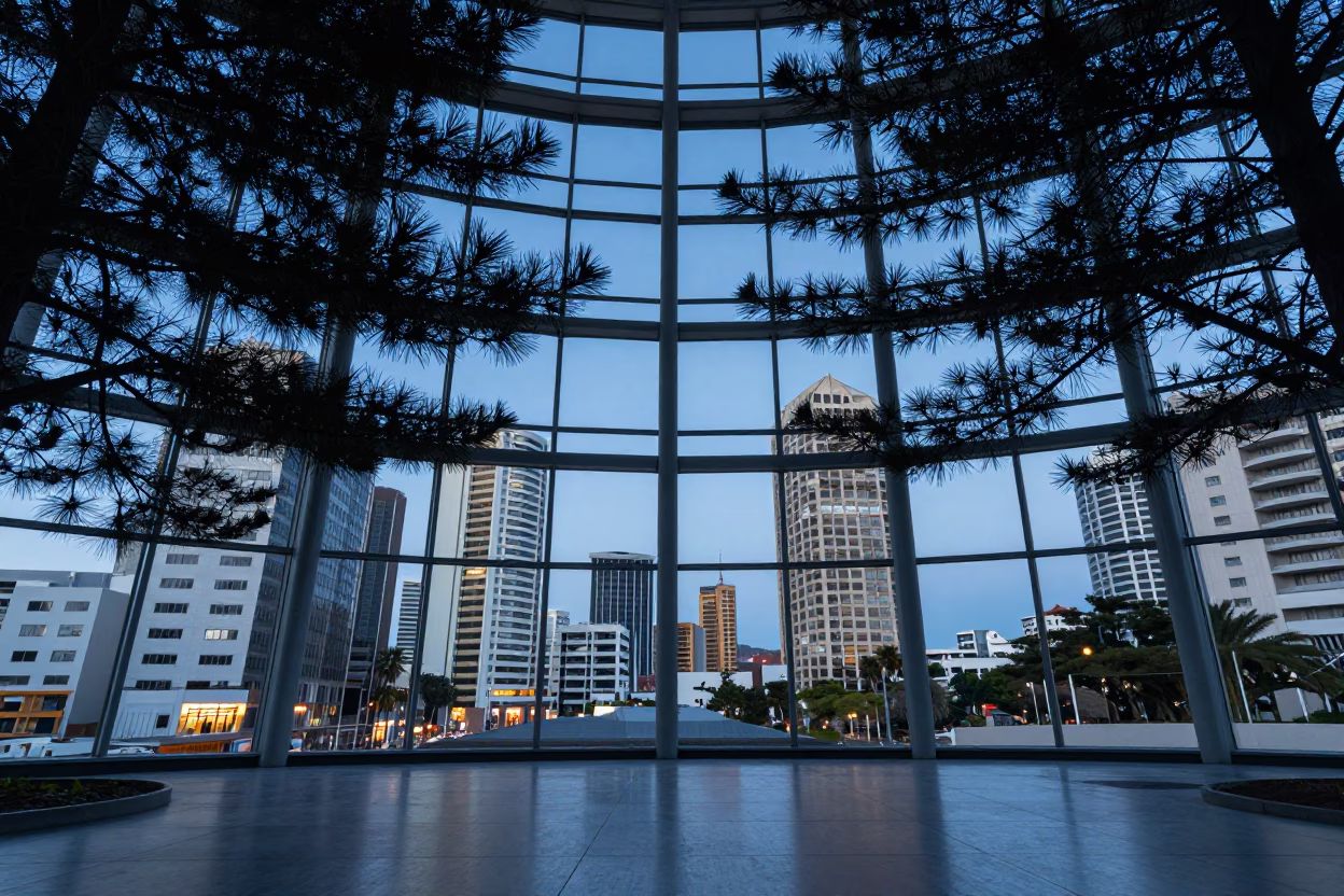 Blue Hour Pine Branches City Towers Gqeberha in inside a vaulted atrium in Gqeberha