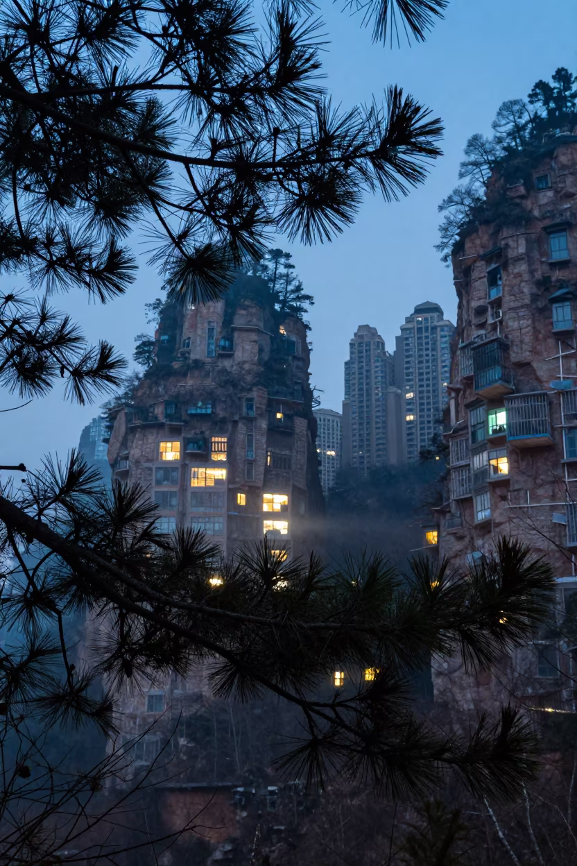 Blue Hour Pine and City Towers Double Exposure in inside a vaulted atrium in Zhangjiajie