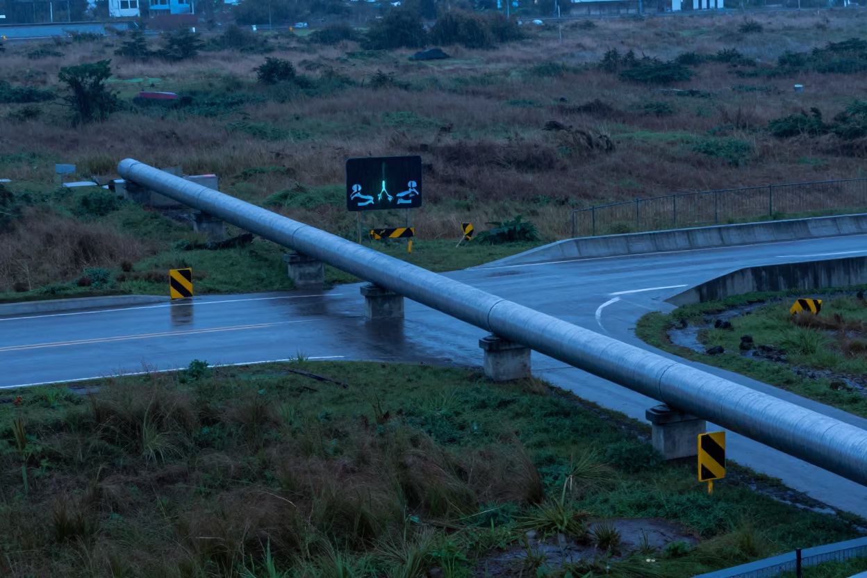 Blue Hour Pipeline Sign Over Mekelle Overpass in across a windy overpass interchange in Mekelle