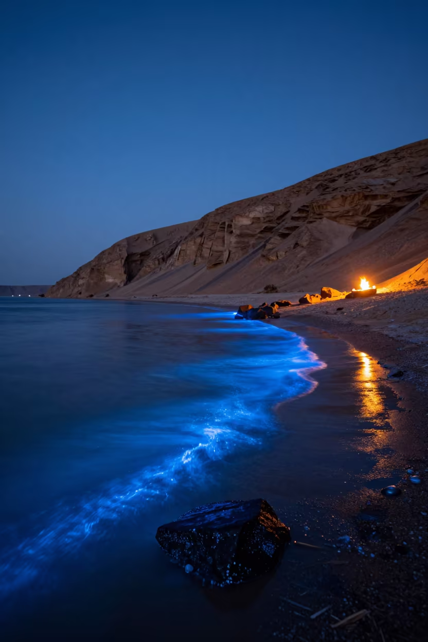 Blue Hour Plankton Glow Under Iranian Escarpment in beneath a wind-cut desert escarpment in Iran