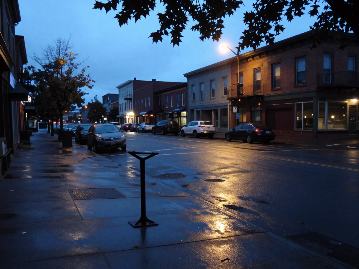 Blue Hour Portland Oregon Street Scene with Boot Scraper and Leaf Shadows in in Portland, Oregon, United States