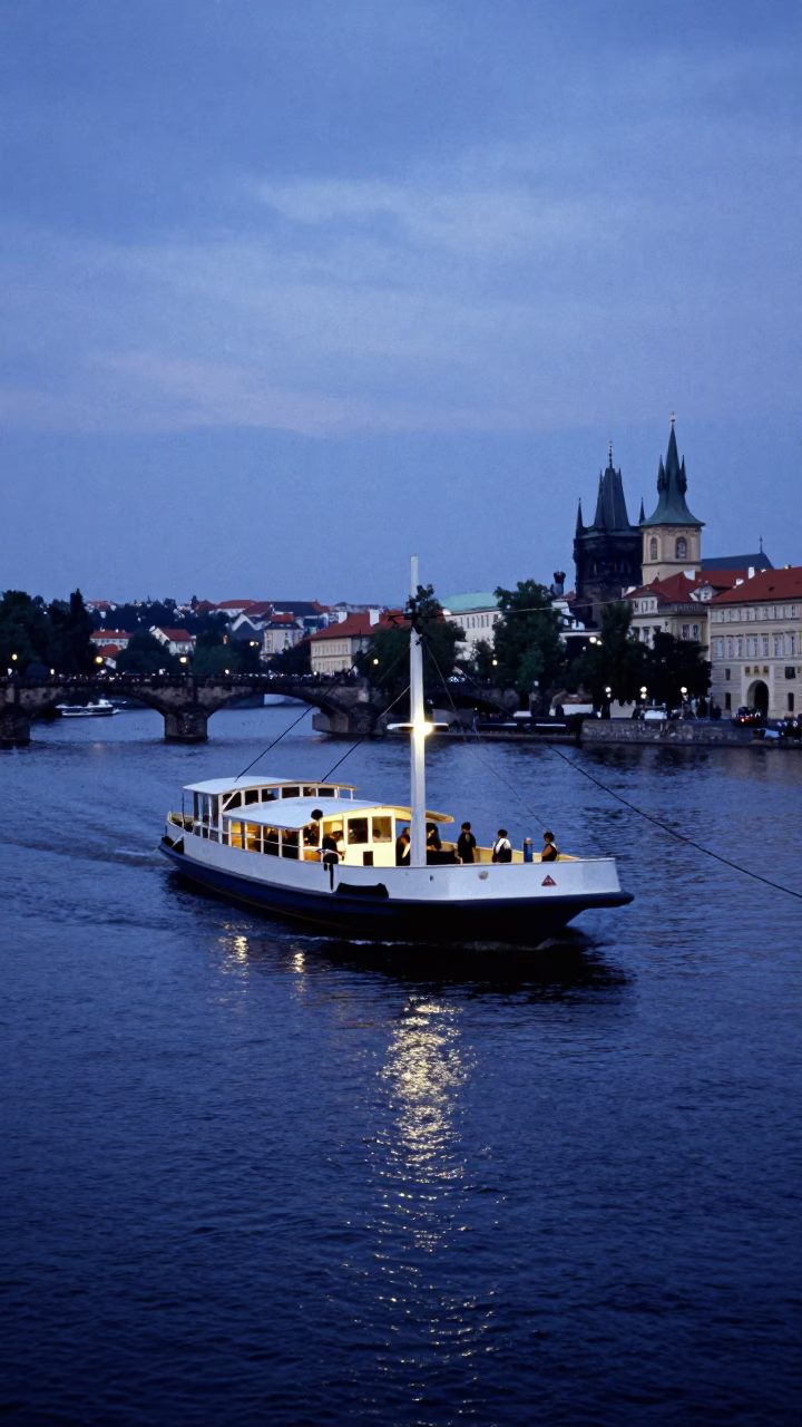 Blue Hour Prague Street Scene with Chain Ferry Crossing Vltava River and Historic Architecture in in Prague, Czech Republic