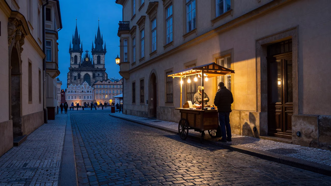 Blue Hour Prague Street Scene with Condensation on Saucer Edge and Latch in in Prague, Czech Republic