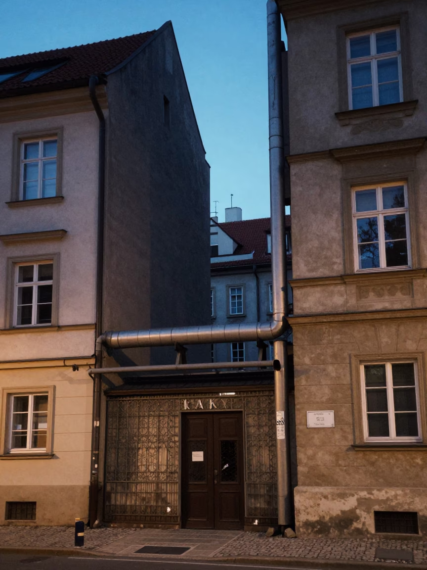 Blue Hour Prague Street Scene with District Heating Pipes and Window Boxes in in Prague, Czech Republic