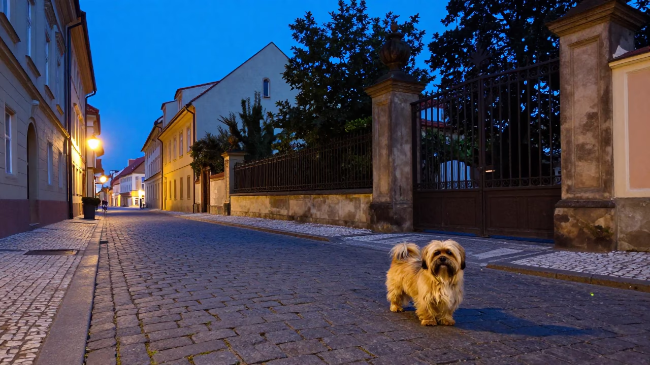 Blue Hour Prague Street Scene with Lhasa Apso and Garden Gate in in Prague, Czech Republic