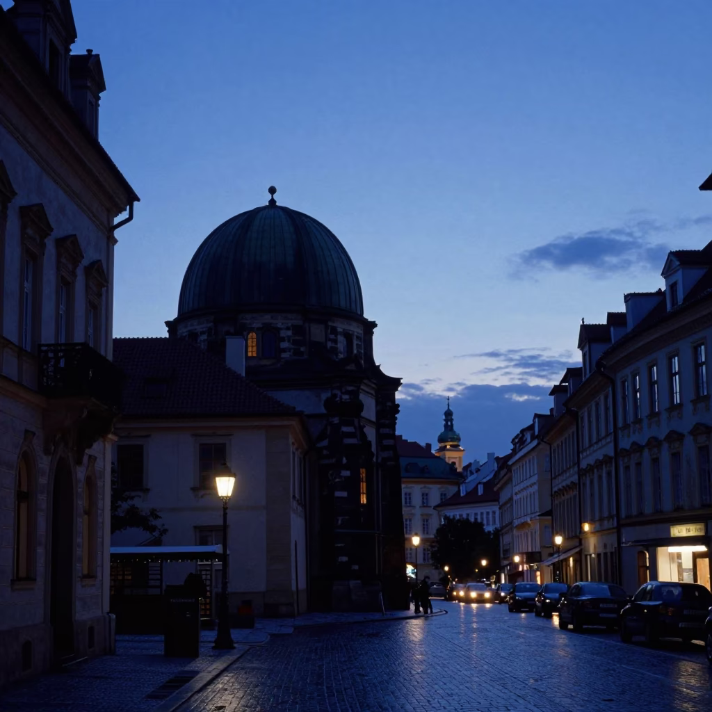 Blue Hour Prague Street Scene with Observatory Dome Silhouette and Wet Cobblestones in in Prague, Czech Republic