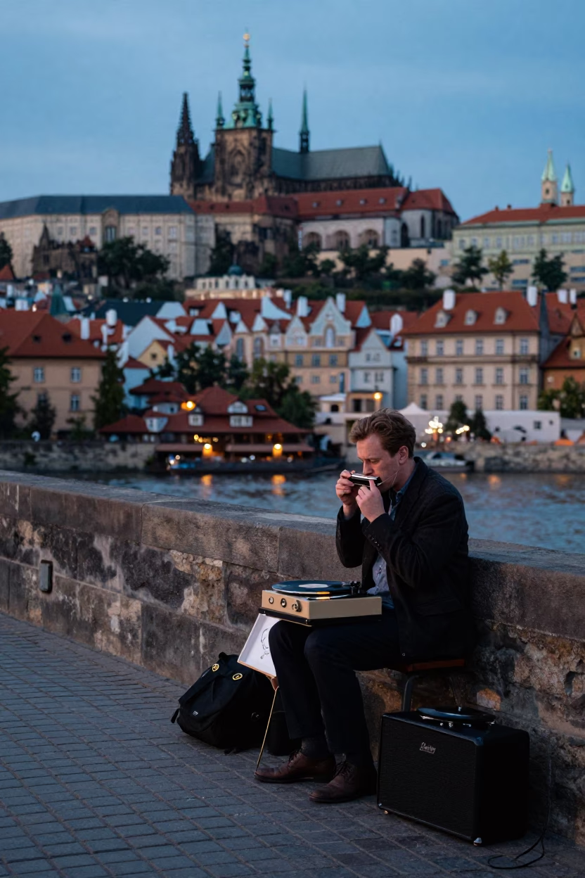Blue Hour Prague Street Scene with Record Player and Harmonica in in Prague, Czech Republic