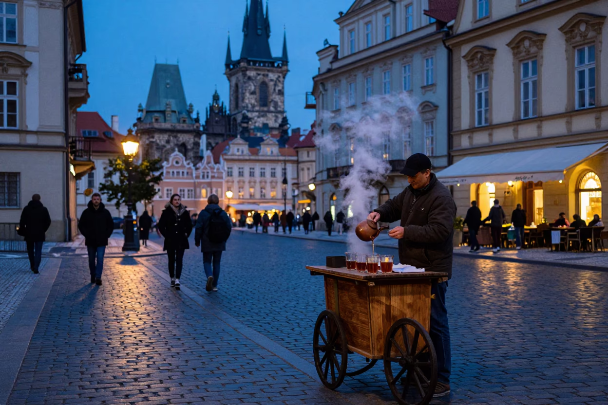 Blue Hour Prague Street Scene with Steam and Urban Life in in Prague, Czech Republic