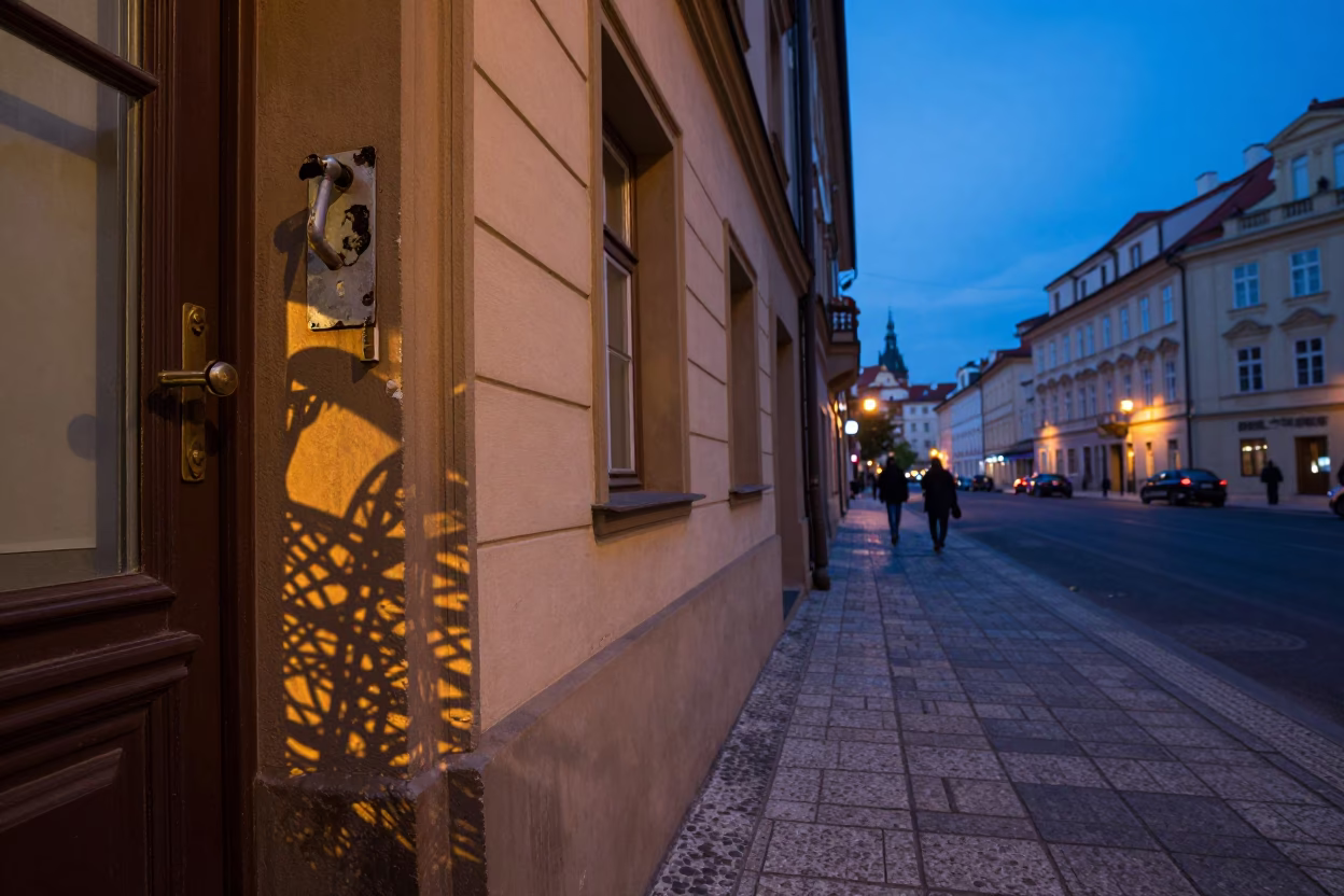 Blue Hour Prague Street Scene with Wicker Shadow on Mirror Edge and Door Handle in in Prague, Czech Republic