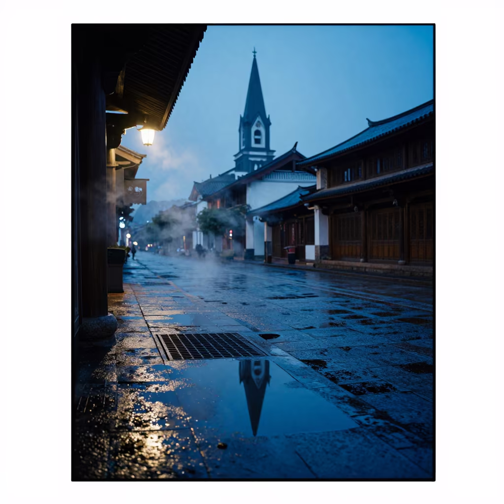 Blue Hour Puddle Reflection Church Lijiang Winter in beneath a flickering underpass light in Lijiang
