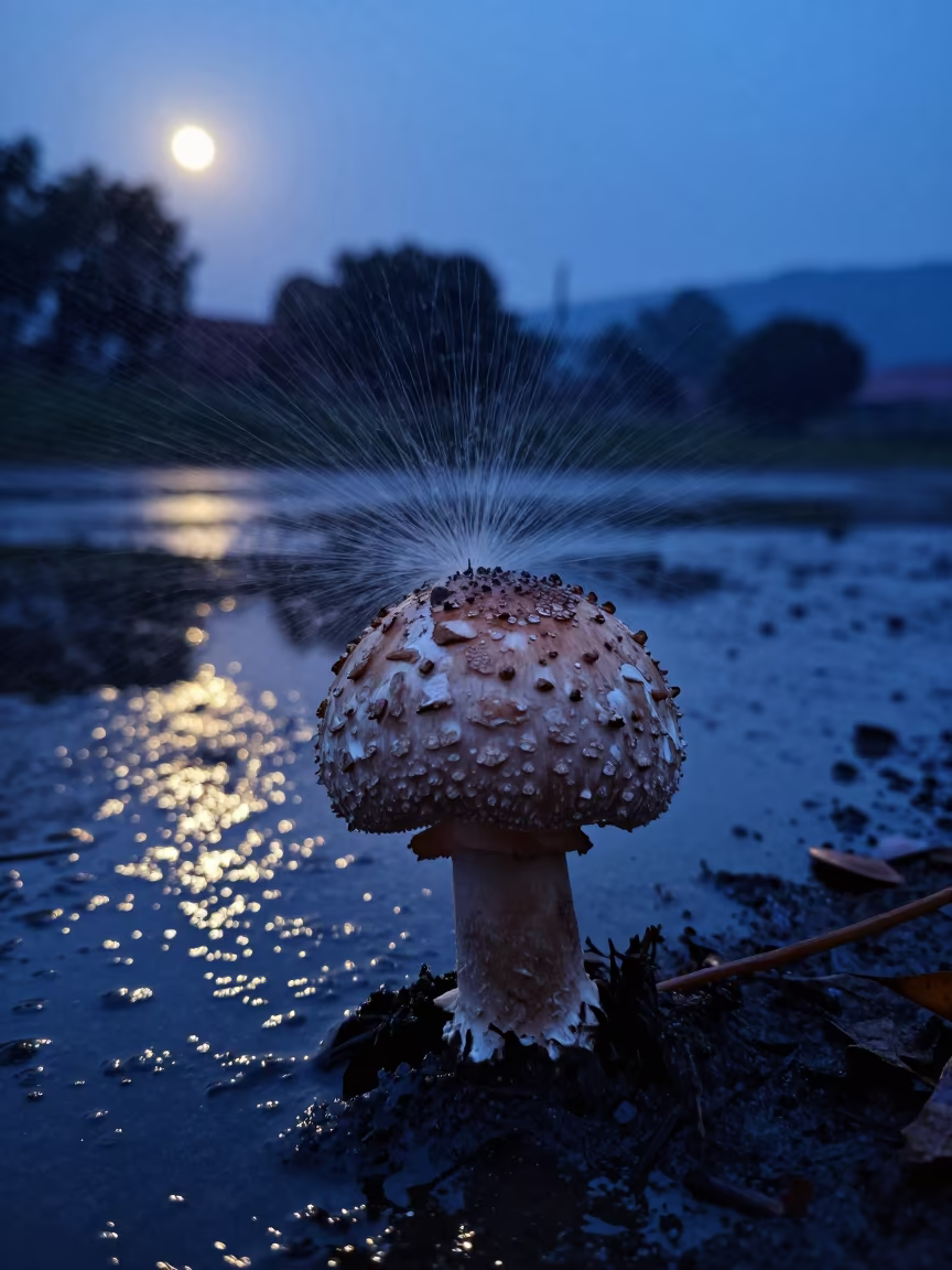 Blue Hour Puffball Mushroom Spore Release in near Lalitpur