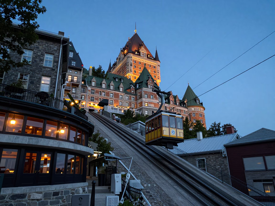Blue Hour Quebec City Funicular Approaching Upper Town Cliffside Restaurant Exterior in in Quebec City, Quebec, Canada