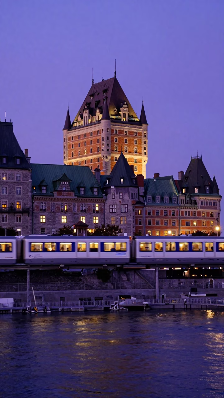 Blue Hour Quebec City Monorail Sweeping Above River with Historic Stone Architecture in in Quebec City, Quebec, Canada