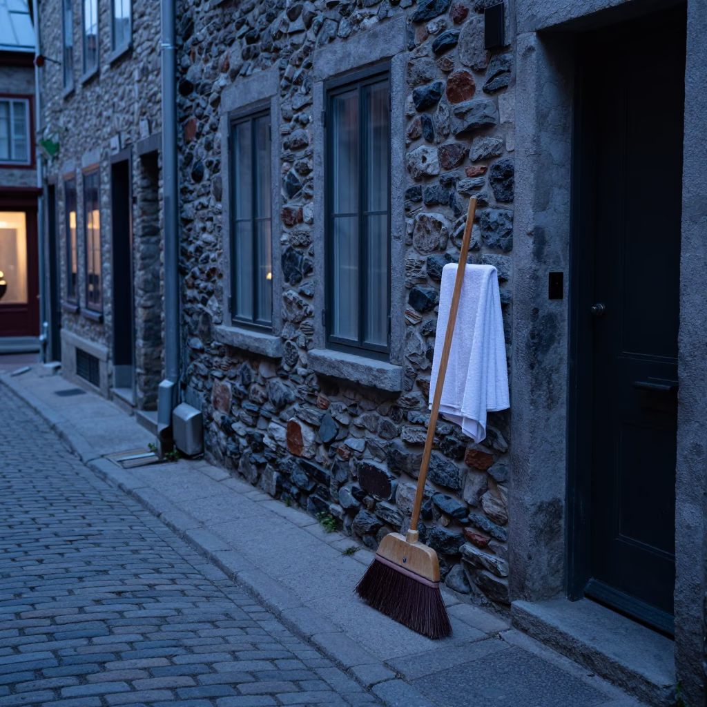 Blue Hour Quebec City Street Scene with Broom and Drying Towels in in Quebec City, Quebec, Canada