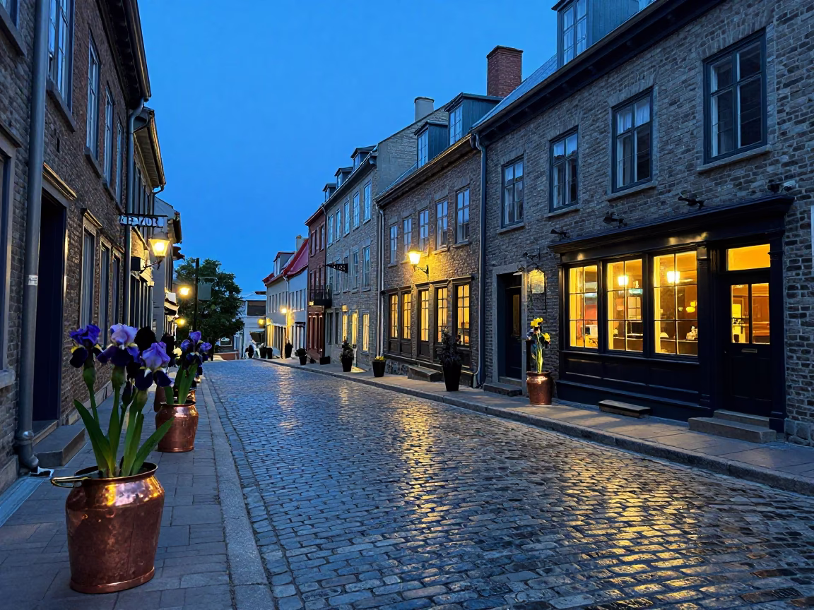 Blue Hour Quebec City Street Scene with Copper Pots and Iris Blossoms in in Quebec City, Quebec, Canada