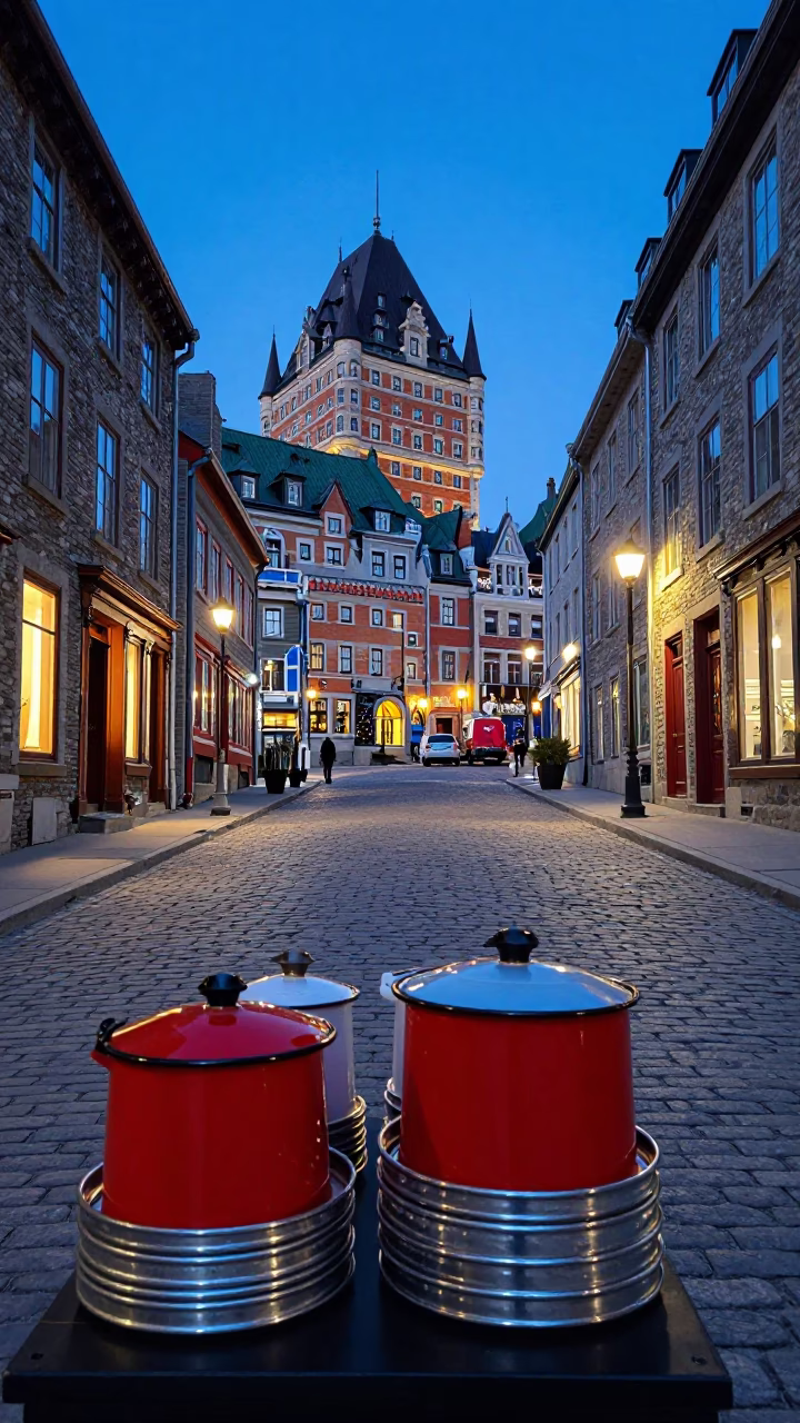 Blue Hour Quebec City Street Scene with Glossy Enamel and Local Details in in Quebec City, Quebec, Canada