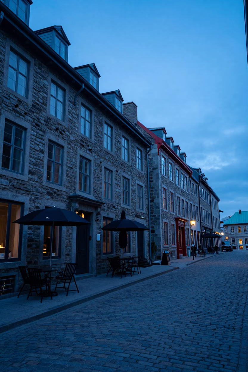 Blue Hour Quebec City Street Scene with Umbrellas and Old Stone Architecture in in Quebec City, Quebec, Canada