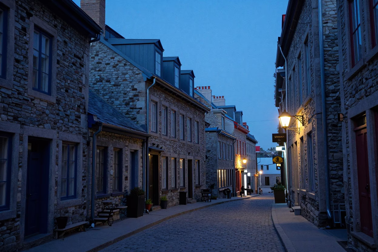 Blue Hour Quebec City Street Scene with Vintage Details and Local Life in in Quebec City, Quebec, Canada