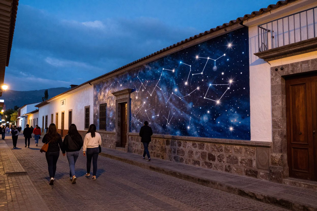 Blue Hour Quito Street Scene with Mural Constellations and Local Life in in Quito, Ecuador