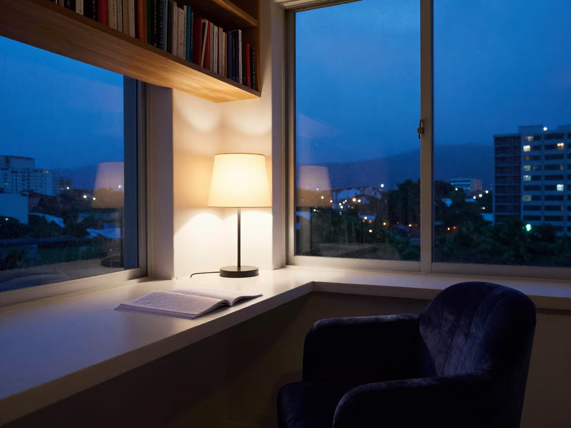 Blue Hour Reading Nook with Velvet Chair in in a breakfast nook near Pinar del Río