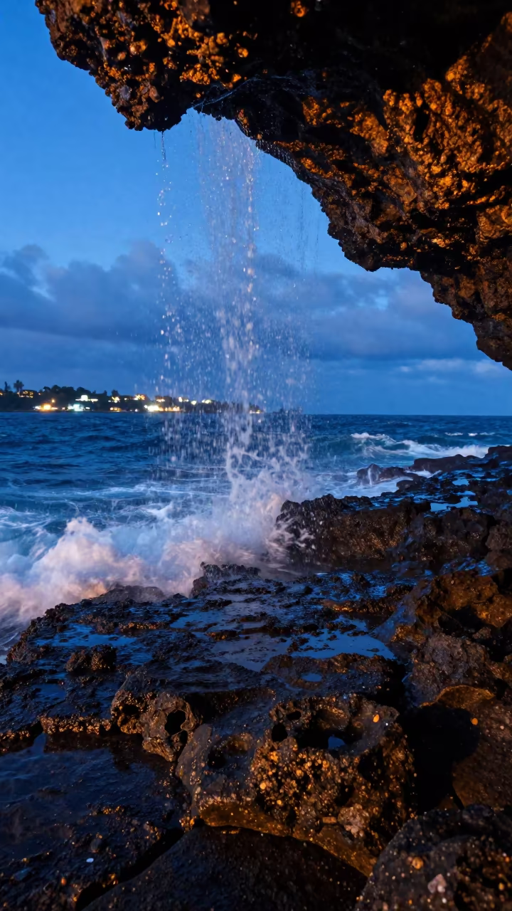 Blue Hour Reef Waves Break Over Volcanic Edge in beside a volcanic reef overhang near Cairns