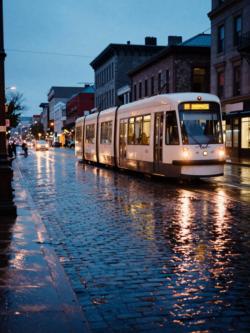 Blue Hour Reflections of Montreal Tram on Wet Cobblestones with Urban Scenery in in Montreal, Quebec, Canada
