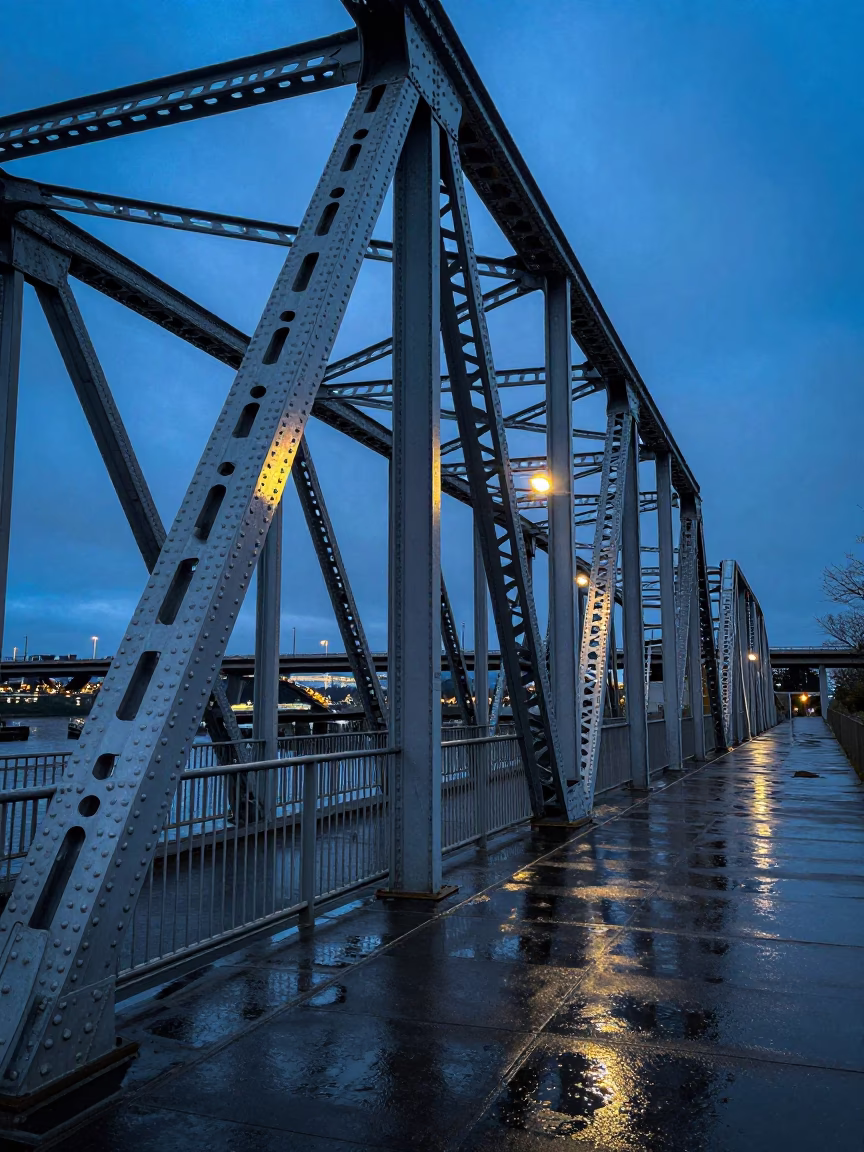Blue Hour Reflections on Steel Bridge Portland Oregon Riverwalk in in Portland, Oregon, United States
