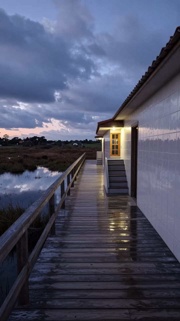 Blue Hour Reflections on Wetland Boardwalk Hall in inside a tiled stair hall in Moçâmedes