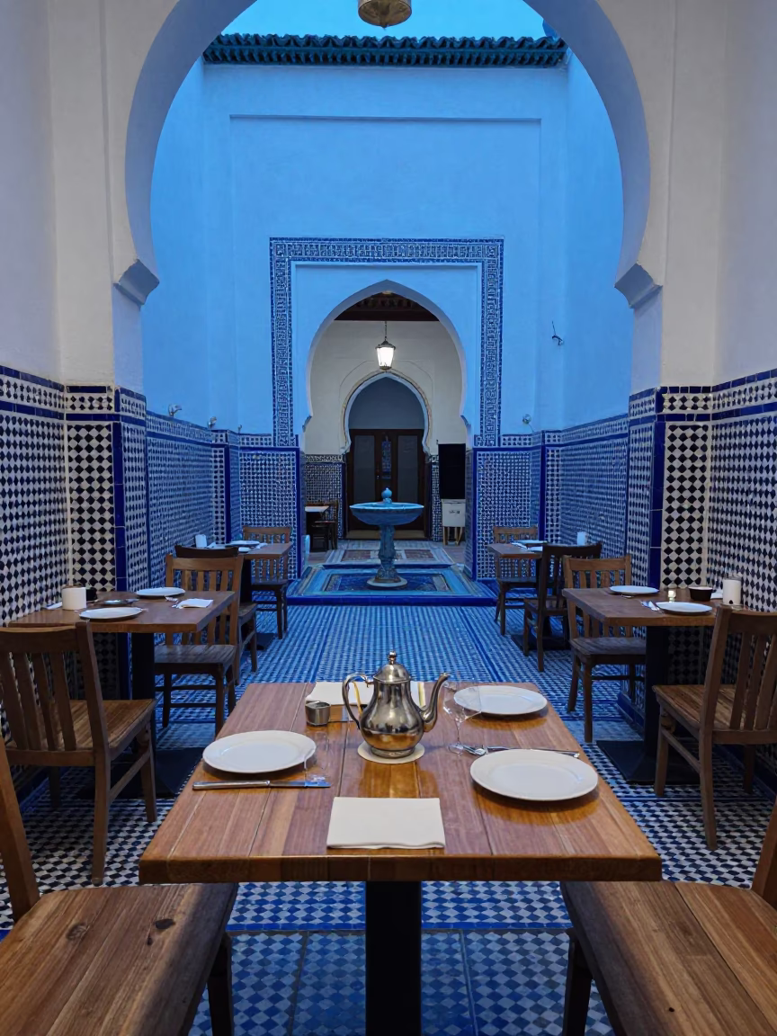 Blue Hour Riad Breakfast Alcove Fez in in a quiet guest corridor in Mellah, Fez