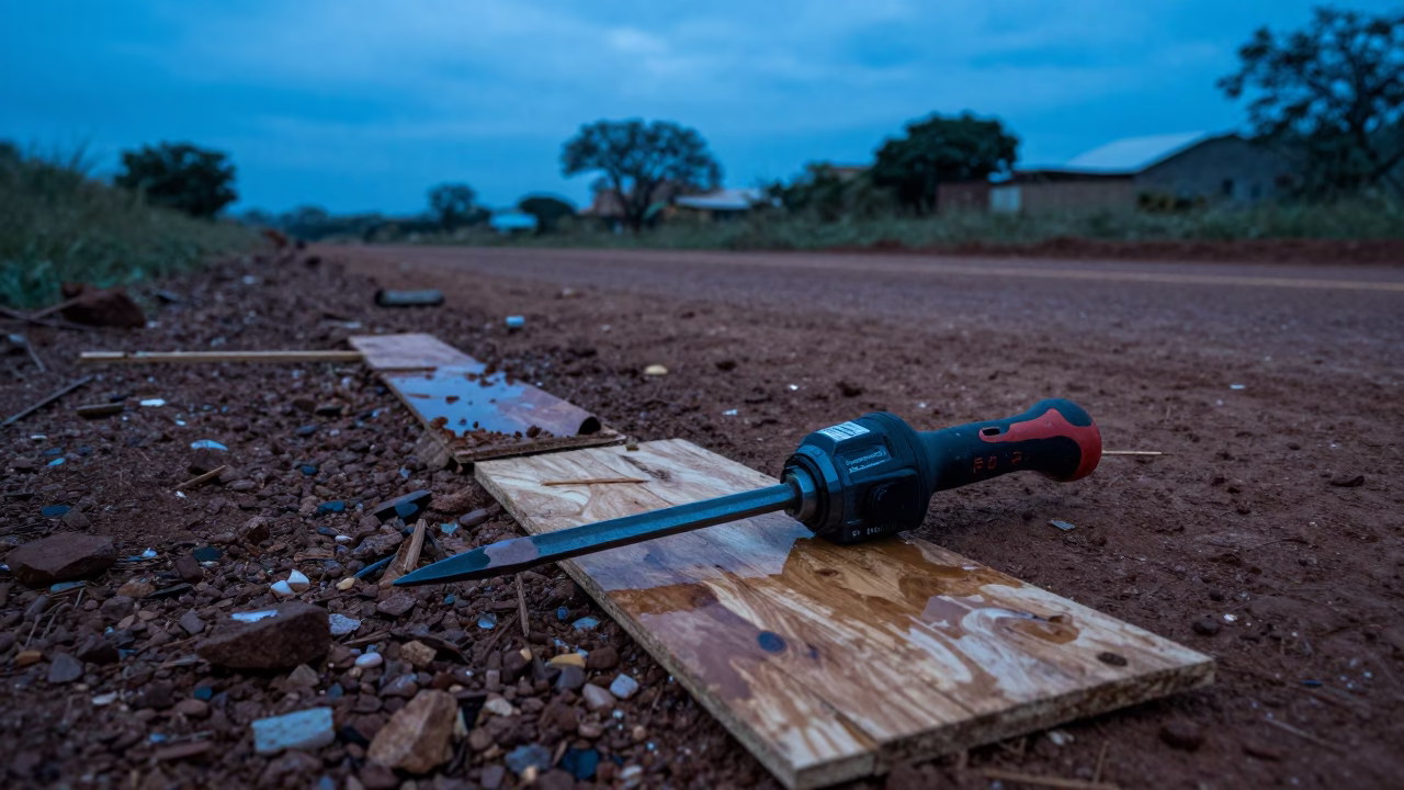Blue Hour Rigging Tag at Madagascar Construction Site in at a muddy site access road in Madagascar