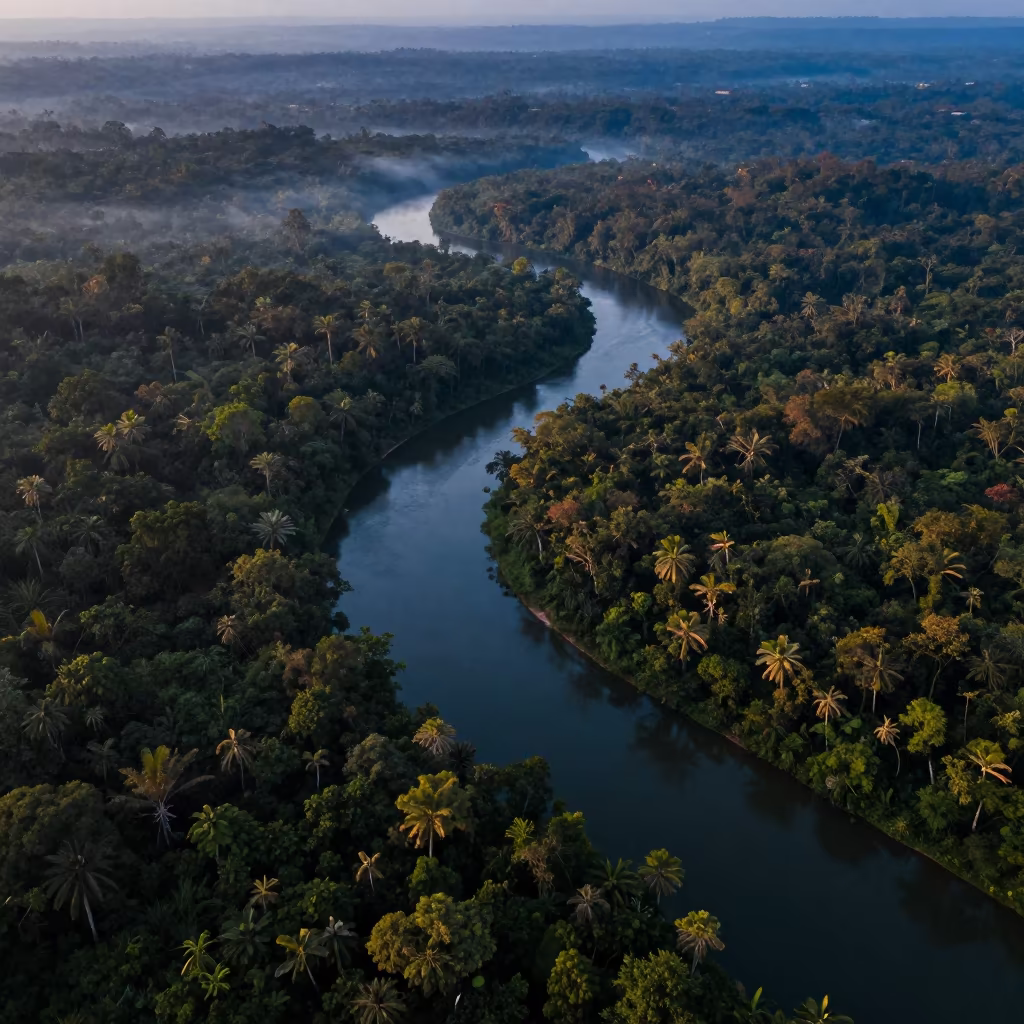 Blue Hour River Aerial View Over Monsoon Jungle in high above braided river channels in Goa