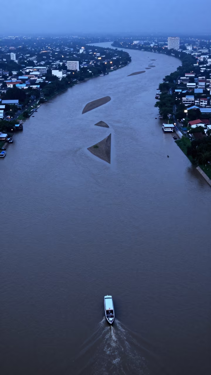 Blue Hour River Confluences Bangkok Aerial in high above braided river channels near Silom, Bangkok
