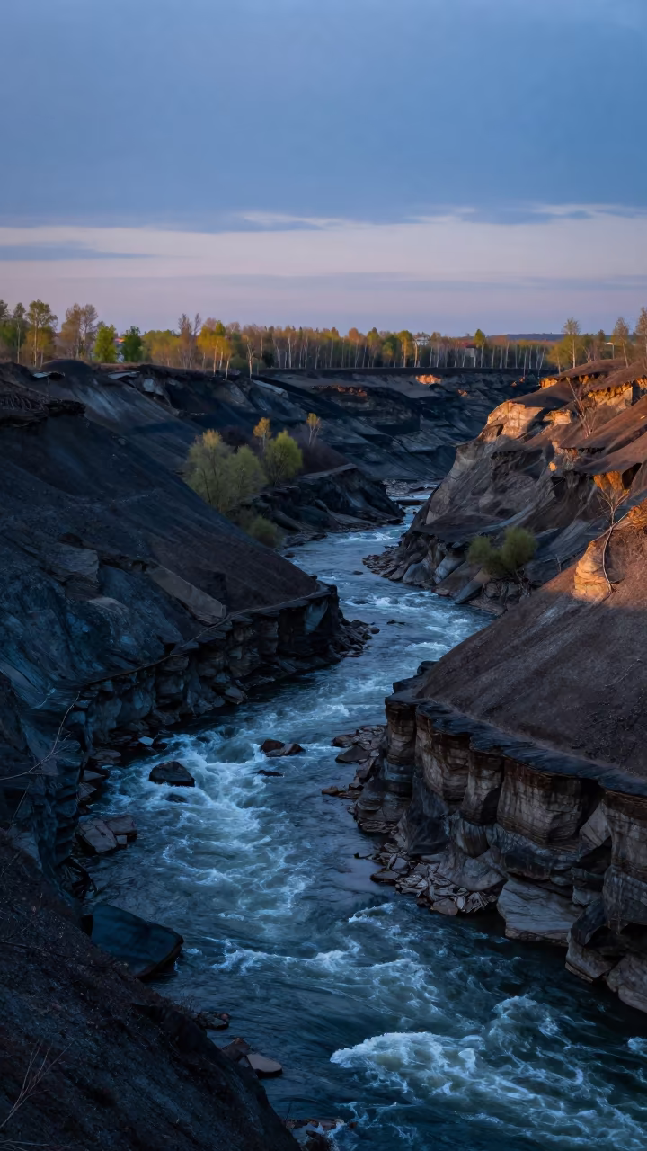 Blue Hour River Gorge Near Yekaterinburg in from a ridge above layered foothills near Yekaterinburg