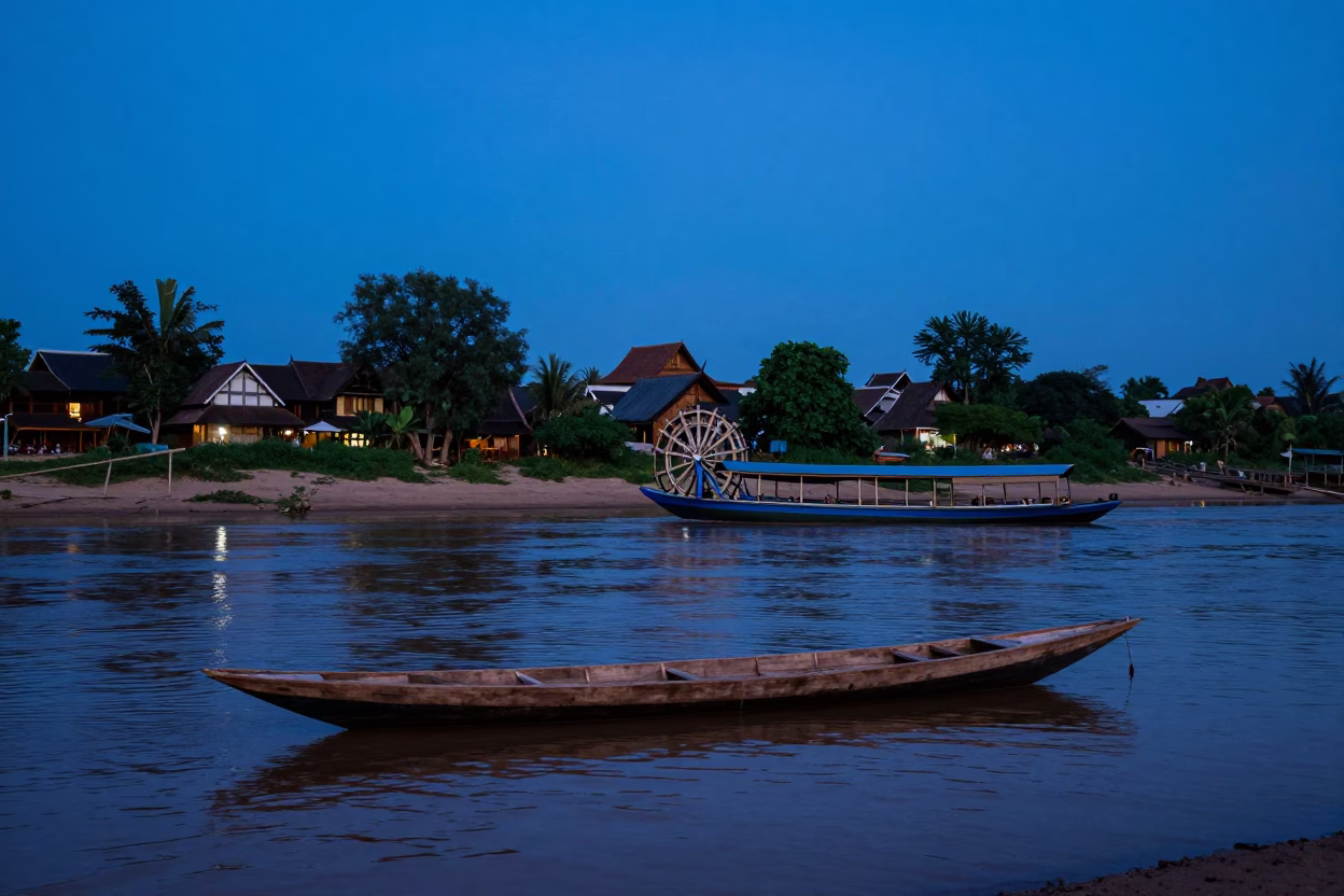 Blue Hour River Scene in Luang Prabang Laos with Canoe and Paddlewheel Steamboat in in Luang Prabang, Laos